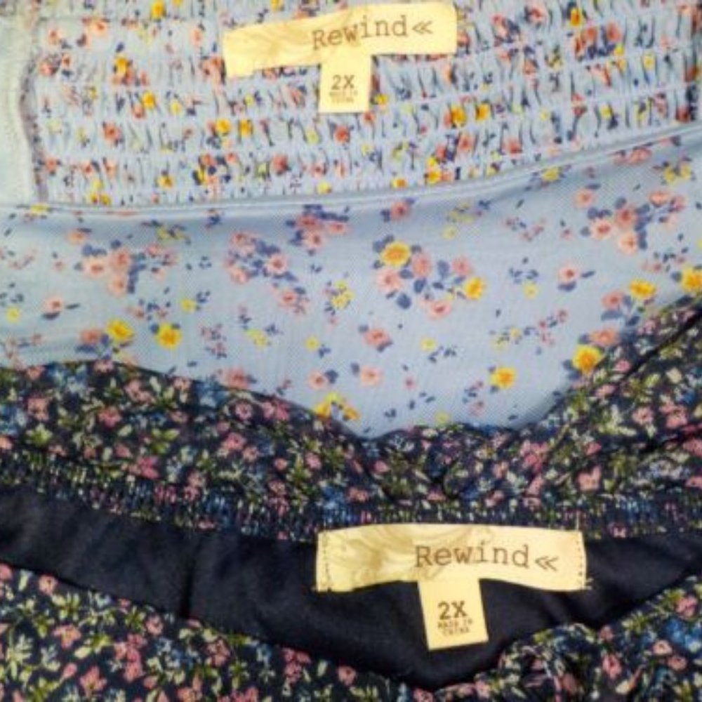 Rewind 2 Women's Short Floral Chiffon Shirts In Baby Blue/Navy Blue Size 2X NWT